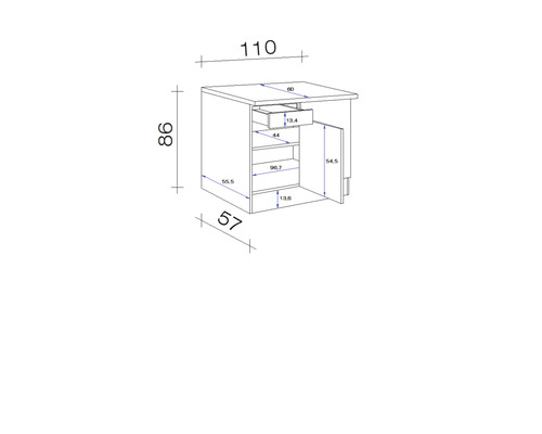 Technický nákres spodní skříňky s rozměry