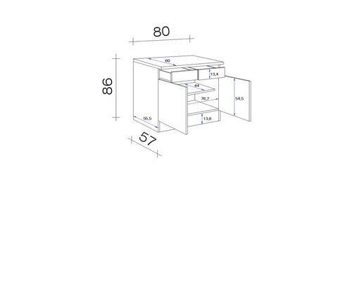 Technický výkres spodní skříňky se zásuvkami a dvířky s rozměry