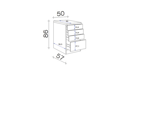 Technický nákres spodní skříňky se čtyřmi zásuvkami a rozměry.