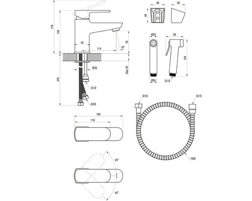 Technický nákres vodovodní baterie s rozměry a instalačními detaily