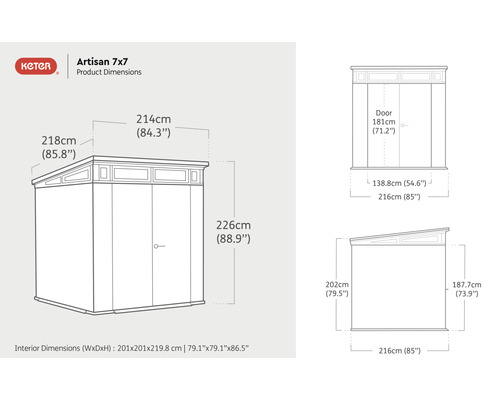 Zahradní domek Keter Artisan 7x7, rozměry produktu