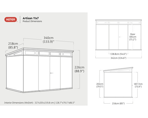 Keter zahradní domek Artisan 11x7 Rozměry produktu