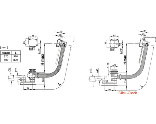 Technický nákres vanového odtokového a přepadového systému s rozměry