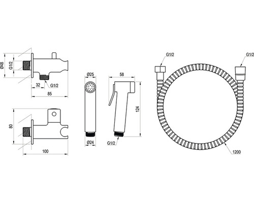 Technický výkres bidetové sprchové soupravy s rozměry