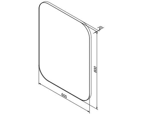 Technický nákres zrcadla se zaoblenými rohy a rozměry 600 x 800 mm