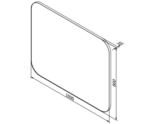Technický výkres sprchové stěny o rozměrech 1000 krát 800 milimetrů a zaoblení 20 milimetrů