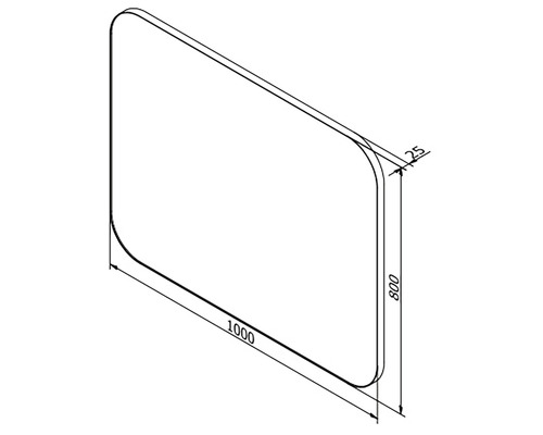 Technický výkres sprchové stěny o rozměrech 1000 x 800 x 25 mm.