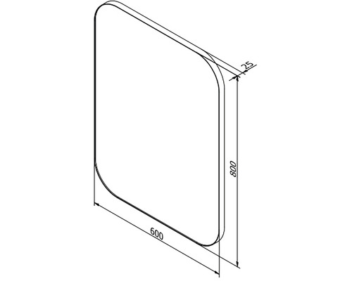 Technický nákres vanové zástěny o rozměrech 800 x 600 x 25 milimetrů