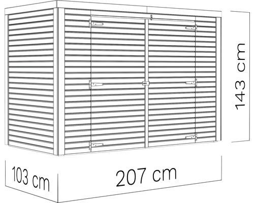 Obrázek zahradního boxu s uvedením rozměrů.