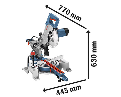 Pokosová pila s rozměry 770 mm, 630 mm a 445 mm.