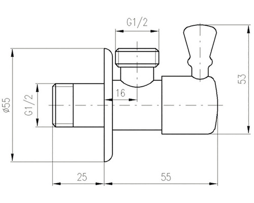 Technický nákres rohového ventilu s rozměry