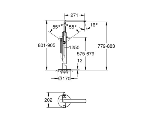 Technický výkres okenní kliky s rozměry