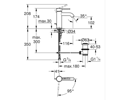Technický nákres umyvadlové baterie s rozměry.