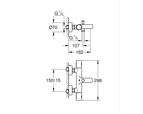 Technický nákres sprchové baterie s rozměry