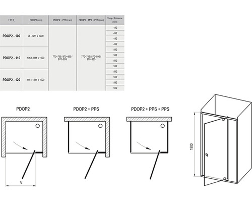 Technický nákres sprchy s rozměry a různými konfiguracemi