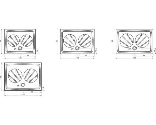 Technický výkres různých sprchových vaniček s rozměry