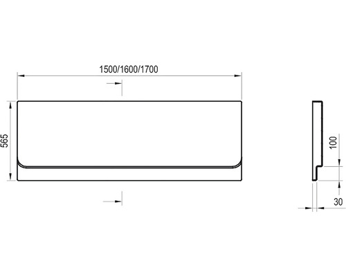 Technický nákres vany s rozměry