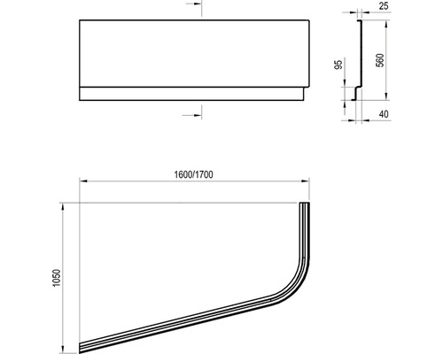 Technický nákres vany s rozměry