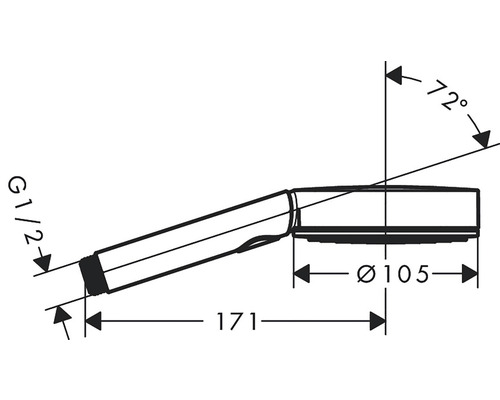 Technický nákres ruční sprchy s rozměry průměru, délky a úhlu sklonu.