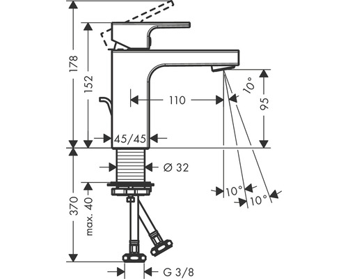 Rozměrový nákres armatury s údaji o výšce