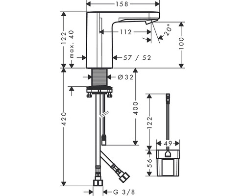 Technický výkres umyvadlové baterie s rozměry
