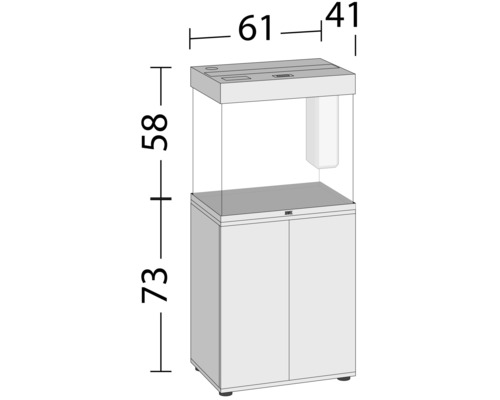 Nákres akvária se skříňkou a rozměry
