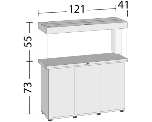 Nákres akvária se skříňkou a rozměry
