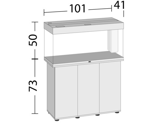 Nákres akvária se skříňkou a rozměry
