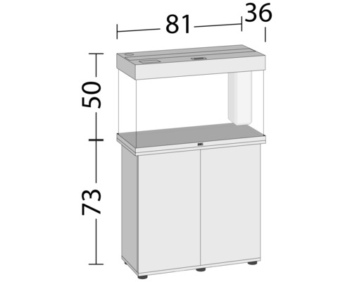 Akvarijní kombinace o rozměrech: výška 123 cm, šířka 81 cm, hloubka 36 cm