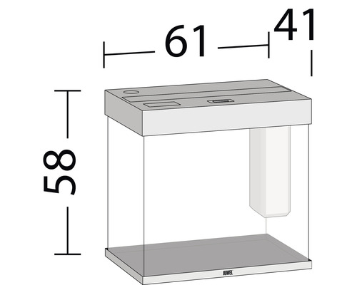 Obrázek akvária o rozměrech 61 x 41 x 58 cm.