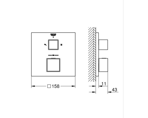 Technický nákres ovládacího panelu Grohe s rozměry