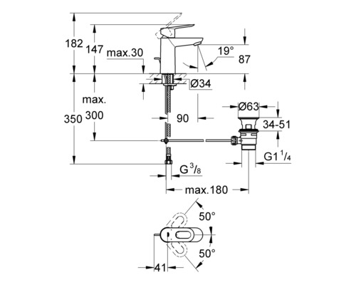 Technický výkres vodovodní baterie s rozměry
