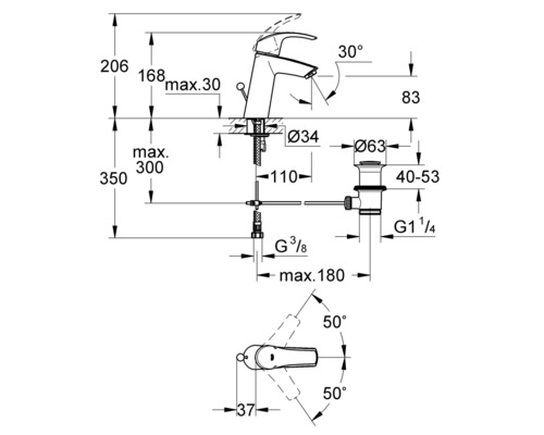 Technický výkres umyvadlové baterie s rozměry