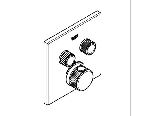 Logo Grohe na čtvercové sprchové baterii se třemi otočnými knoflíky