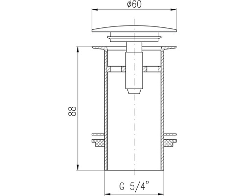 Technický nákres výpustného ventilu o průměru 60 mm a výšce 88 mm a s připojením G 5/4 palce