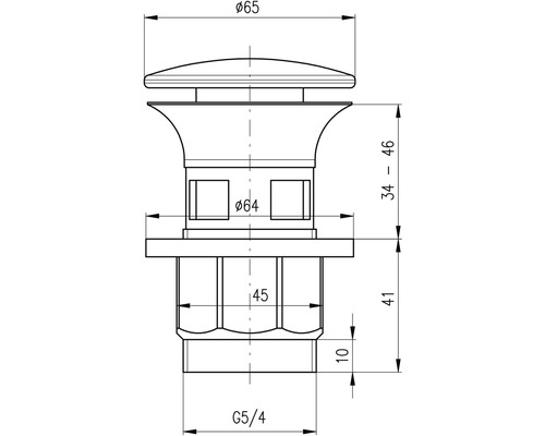 Technický nákres výpustného ventilu s rozměry průměr 65, průměr 64, 34 až 46, 41, 10 a G5/4