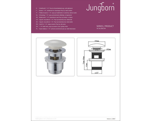 Šachtový ventil Jungborn s keramickým krytem Pop-Up, technický výkres