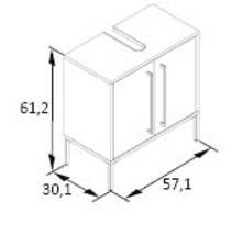 Rozměrový výkres skříňky pod umyvadlo se dvěma dvířky a madly a rozměry v centimetrech
