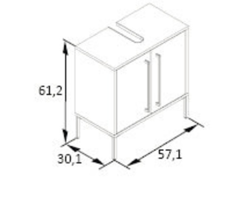 Rozměrový výkres skříňky pod umyvadlo se dvěma dvířky a madly a rozměry v centimetrech