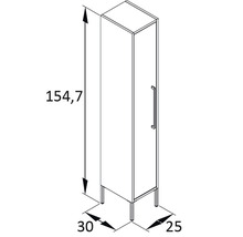 Technický nákres koupelnové skříňky o rozměrech 154,7 x 30 x 25 cm.