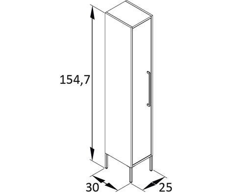 Technický nákres koupelnové skříňky o rozměrech 154,7 x 30 x 25 cm.