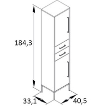Nákres vysoké koupelnové skříňky se zásuvkami a rozměry.