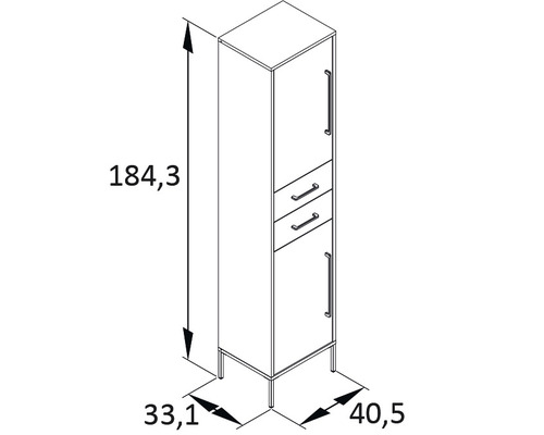 Nákres vysoké koupelnové skříňky se zásuvkami a rozměry.