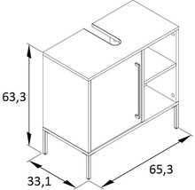 Nákres skříňky pod umyvadlo s rozměry 63,3 x 33,1 x 65,3 cm.
