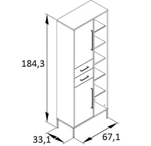 Nákres skříně se zásuvkami a policemi včetně rozměrů