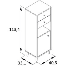 Technický nákres úzké skříně se dvěma zásuvkami, otevřenou přihrádkou a dvířky, včetně rozměrů.