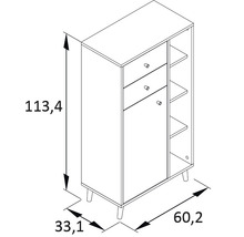 Technický nákres skříně se zásuvkami, dveřmi a policemi s rozměry