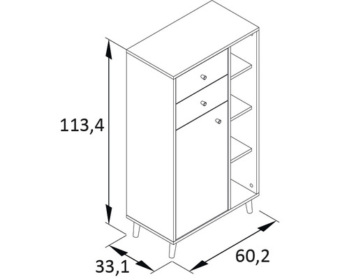 Technický nákres skříně se zásuvkami, dveřmi a policemi s rozměry