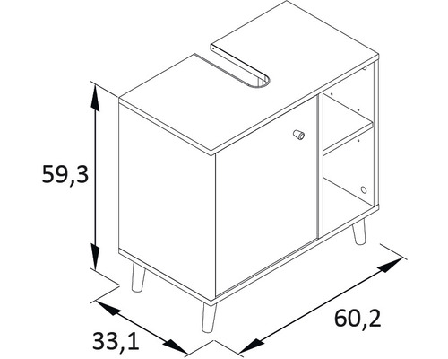 Nákres skříňky pod umyvadlo s rozměry.