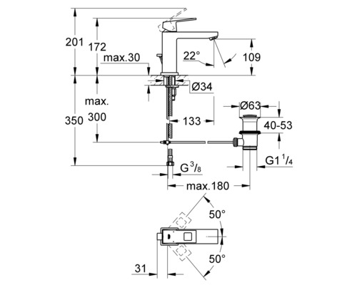 Technický výkres vodovodní baterie s rozměry
